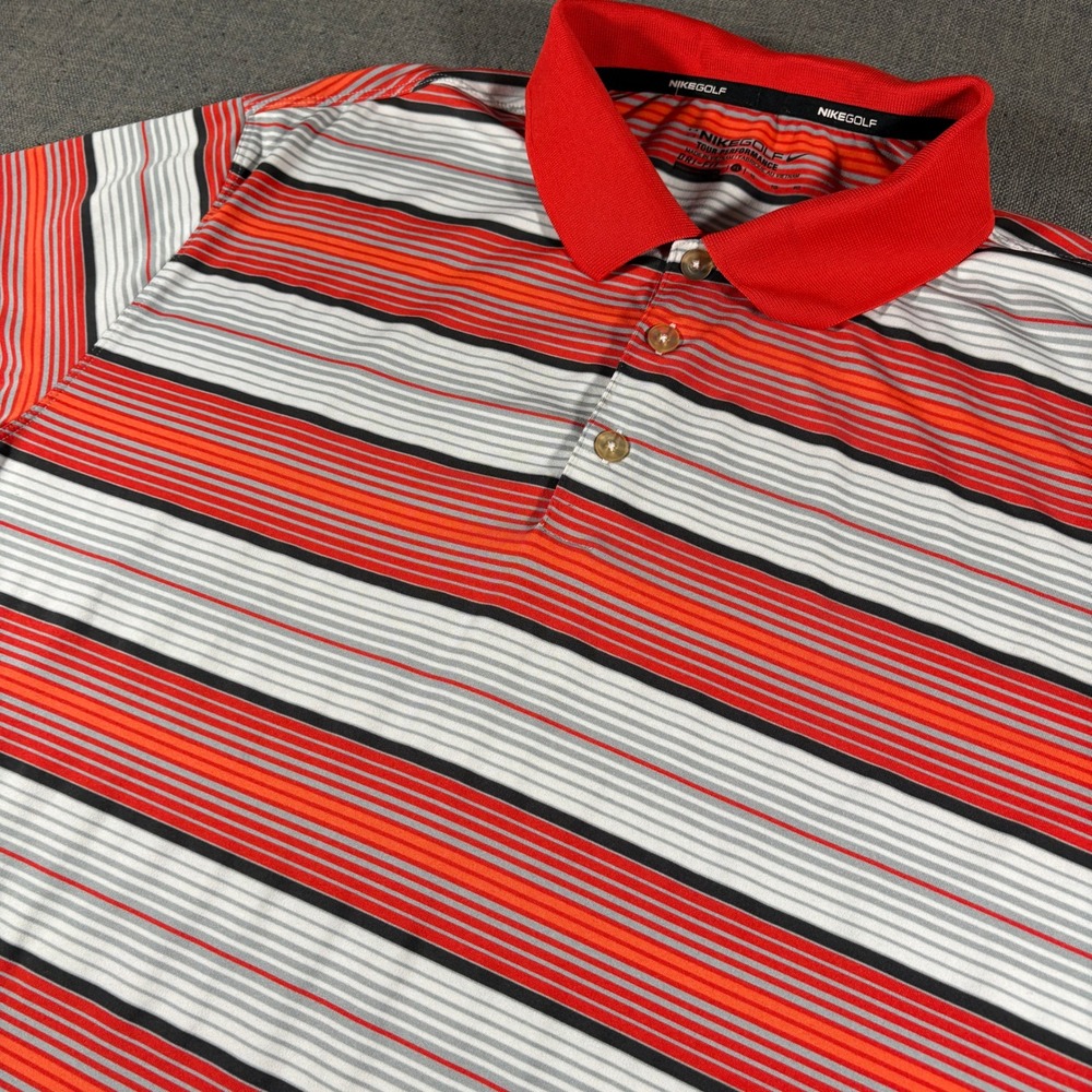 Nike Golf Polo Shirt Mens XL Red Orange Striped Dri-FIT Tour Performance Stretch